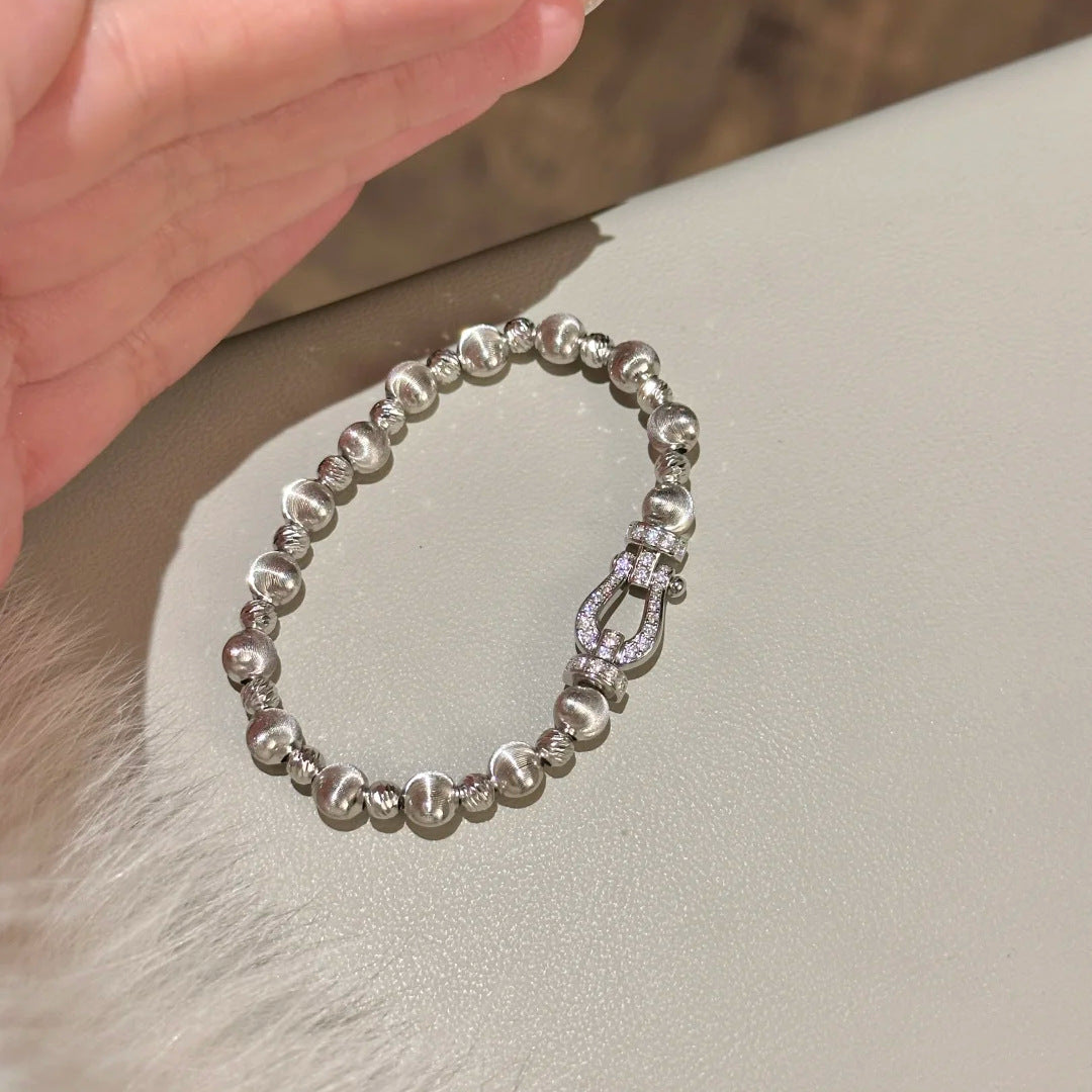 Silver Tone Brushed Bead Horseshoe U Clasp Bracelet Clear Simulated Zirconia Spring Buckle Unisex Daily Hand Ornaments
