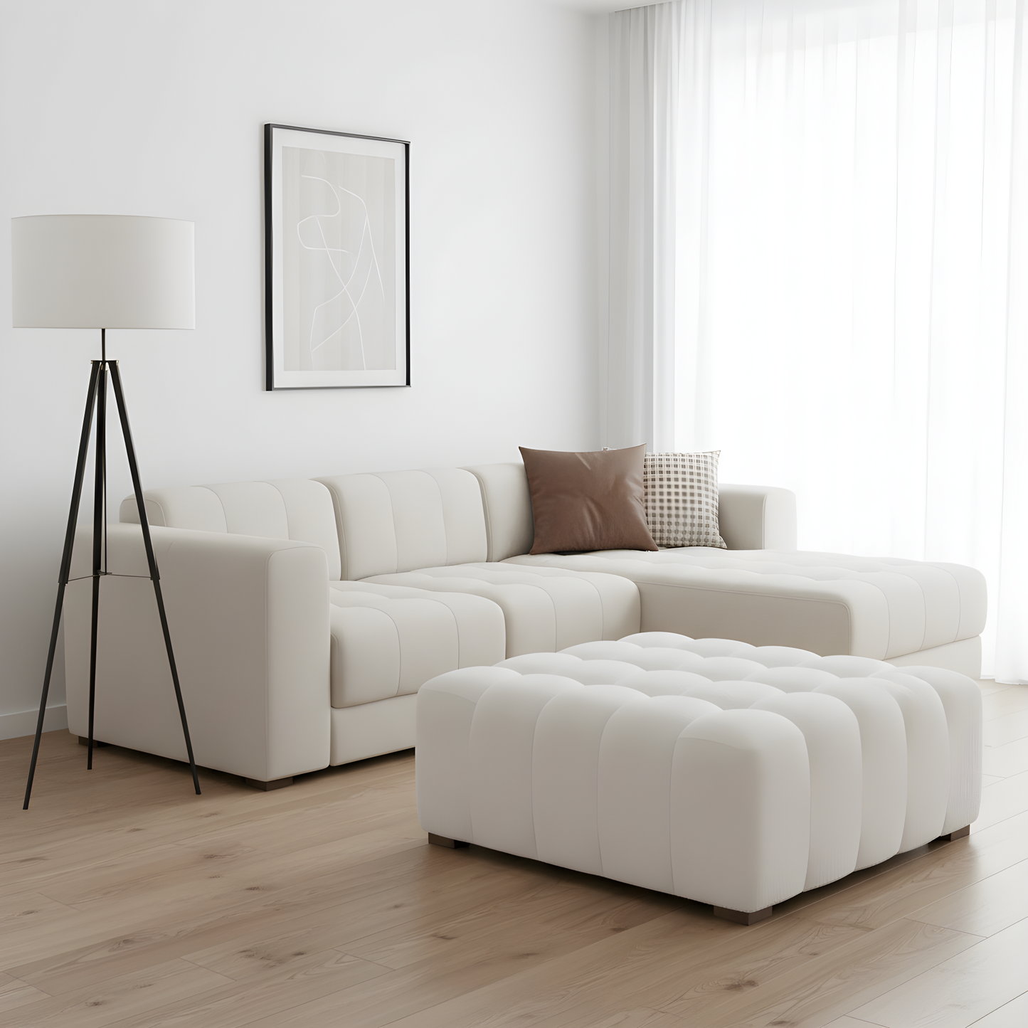 White Boucle Rectangular Ottoman Rubberwood Legs 44.5x35.5x18.5