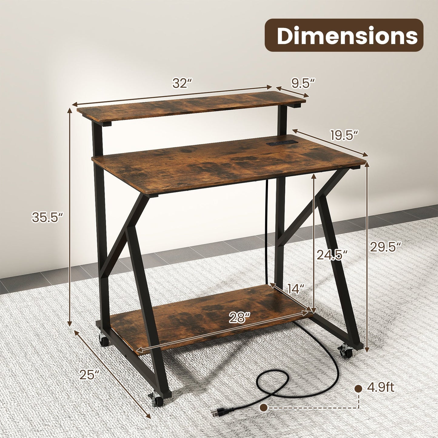 32 Inch Rolling Computer Desk for Small Spaces with Power Outlets