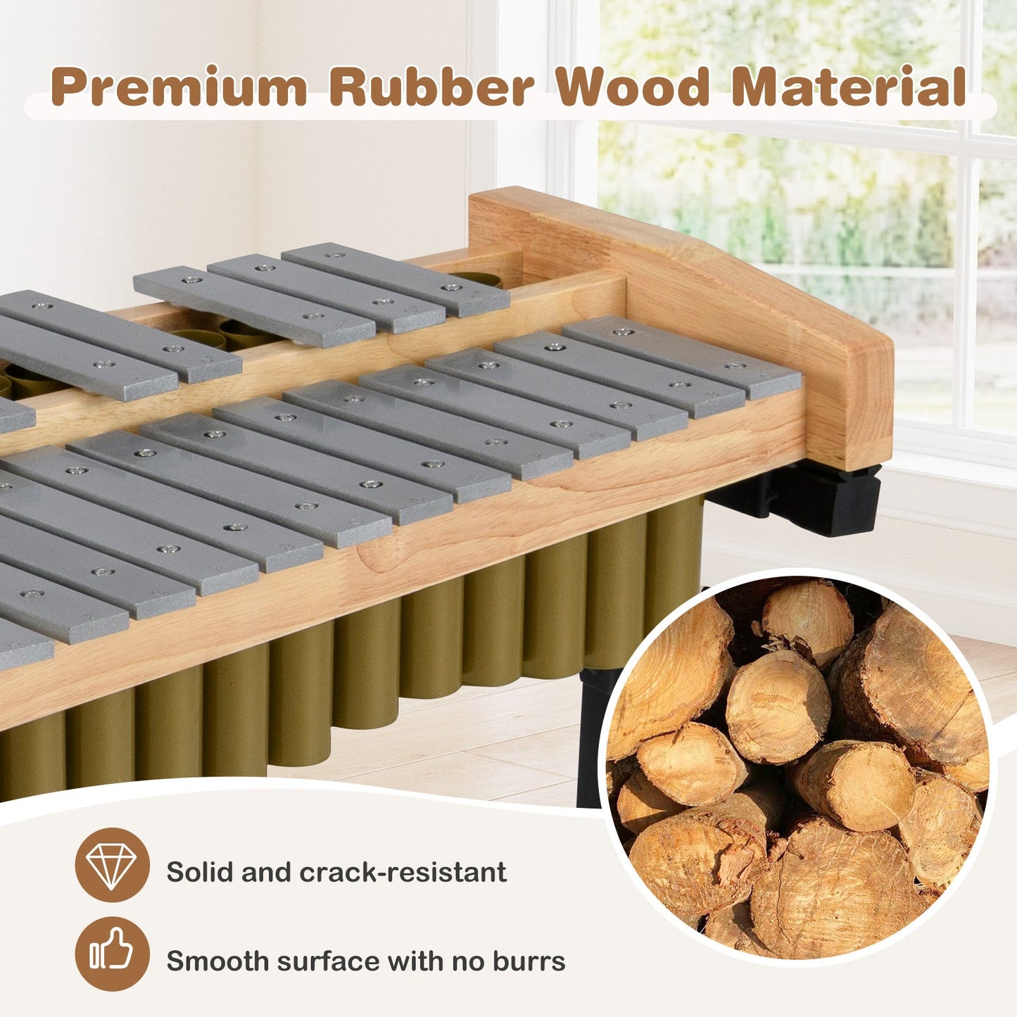 32 Note Marimba Aluminum Xylophone with Rubber Wood Base-Golden
