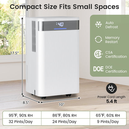 32 Pints 2000 Sq.ft Quiet Dehumidifier for Home with 3 Modes-White