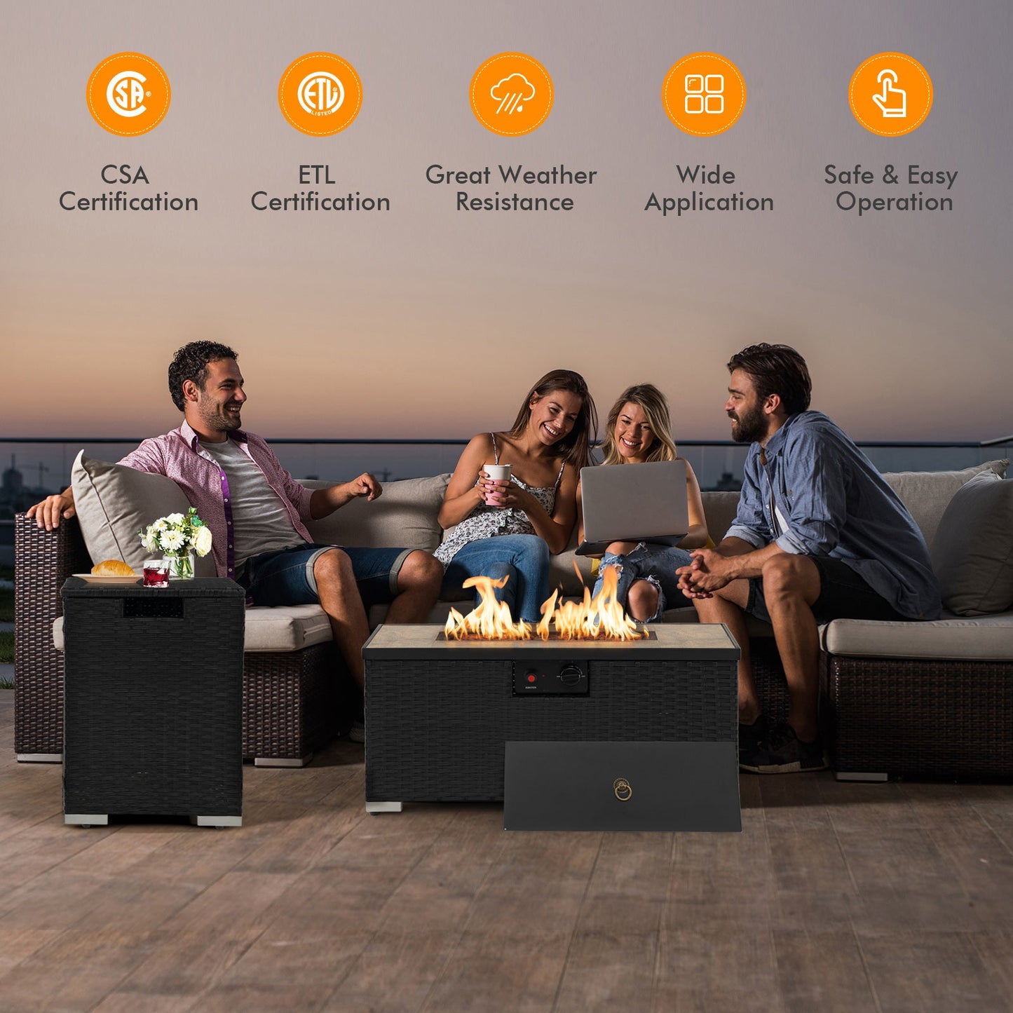 32 x 20 Inch Propane Rattan Fire Pit Table Set with Side Table Tank and Cover