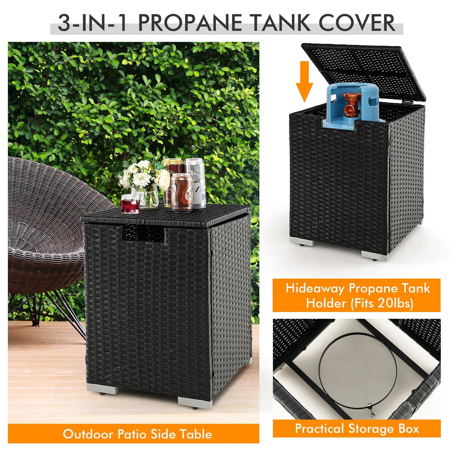 32 x 20 Inch Propane Rattan Fire Pit Table Set with Side Table Tank and Cover