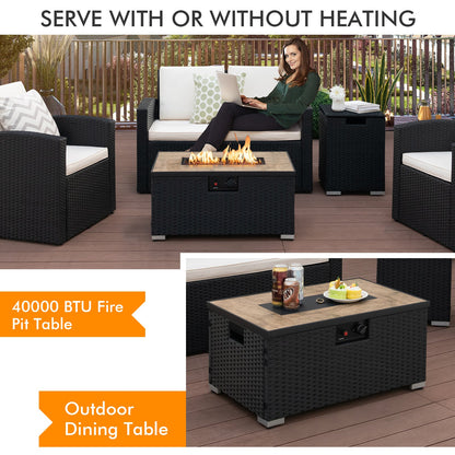 32 x 20 Inch Propane Rattan Fire Pit Table Set with Side Table Tank and Cover