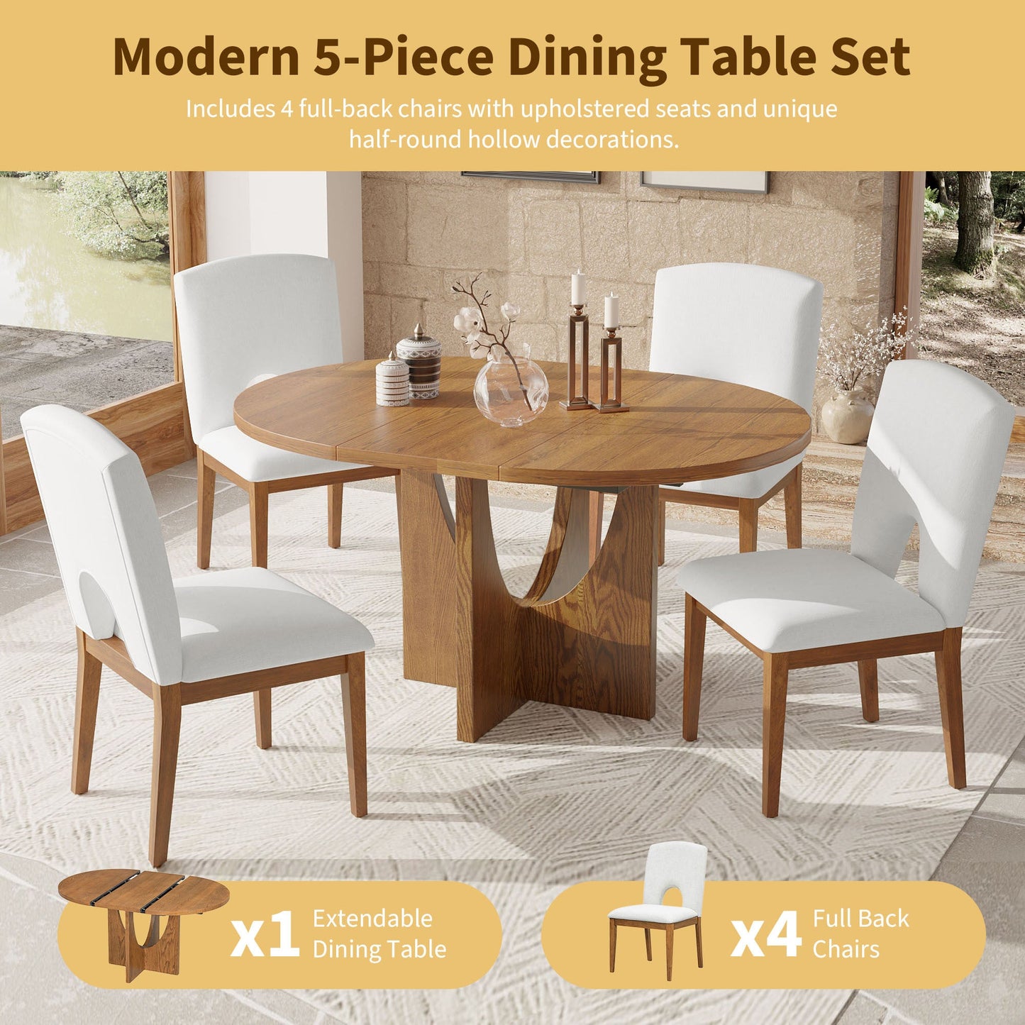 Modern 5-Piece Extendable Round Dining Table Set with 16.2inch Removable Leaf