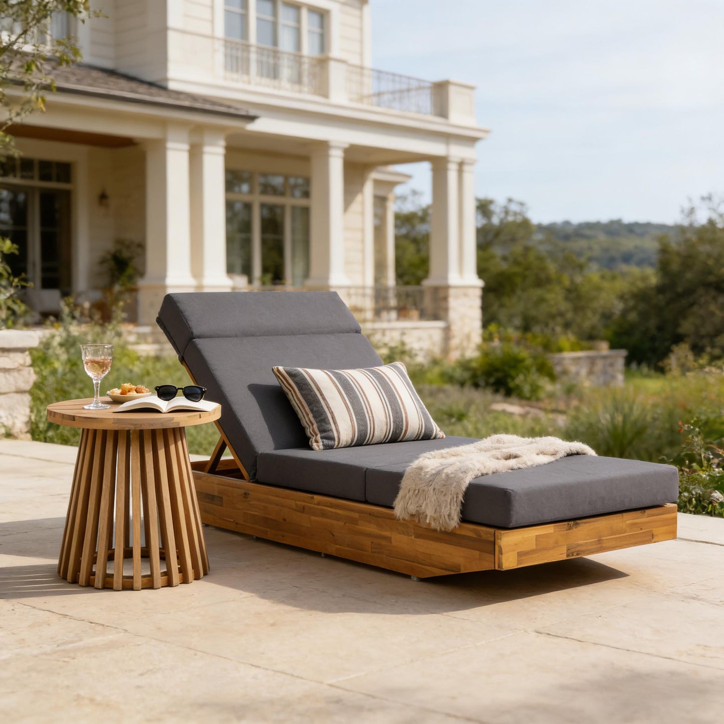 Outdoor Chaise Lounge Acacia Wood Teak Dark Gray Cushion Foldable 300 LB