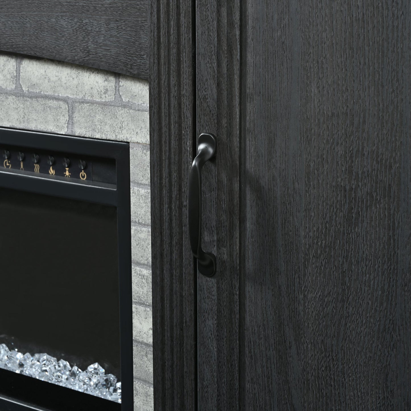 TV Stand Fireplace Black MDF Walnut Top Gray Brick 1400W Fits 70 In TV 66.9 In