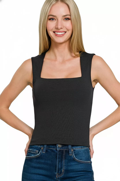 Zenana Ribbed Seamless Double Layered Square Neck Tank