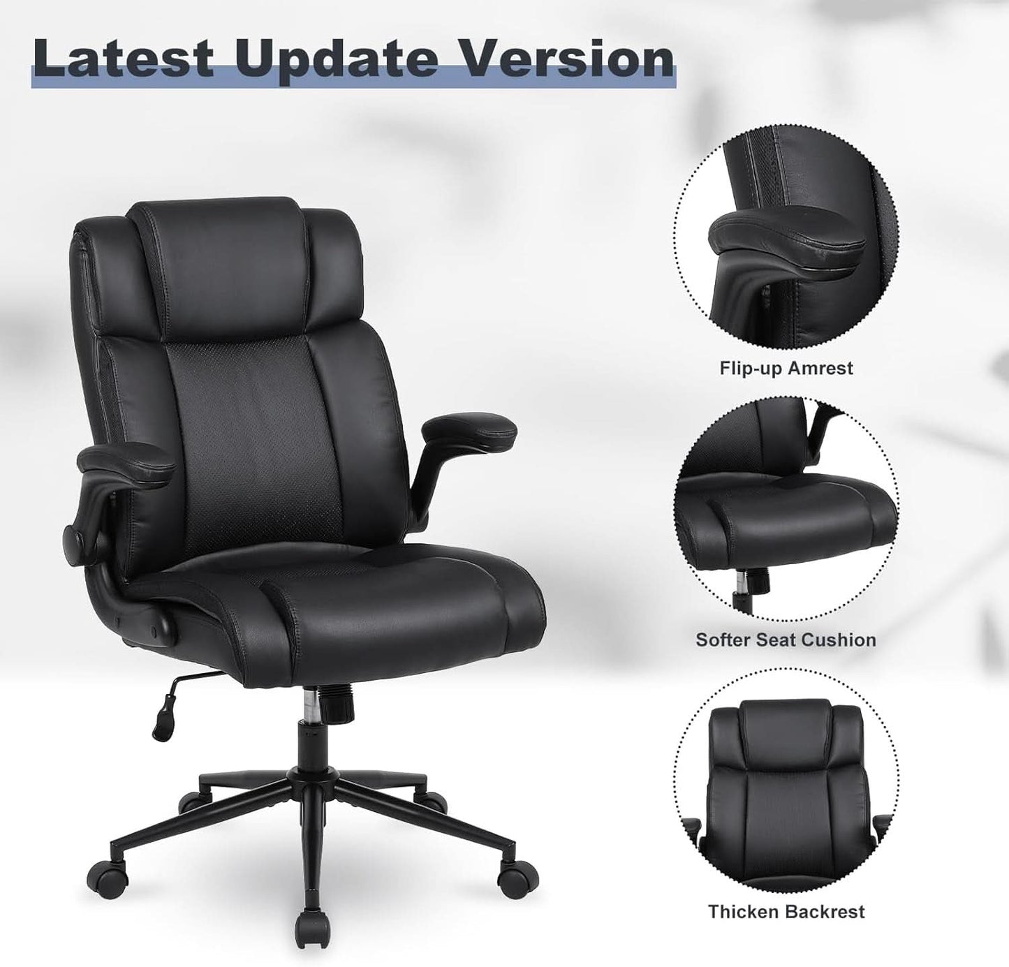 Black Leather Office Chair With Flip Up Armrests And Wheels