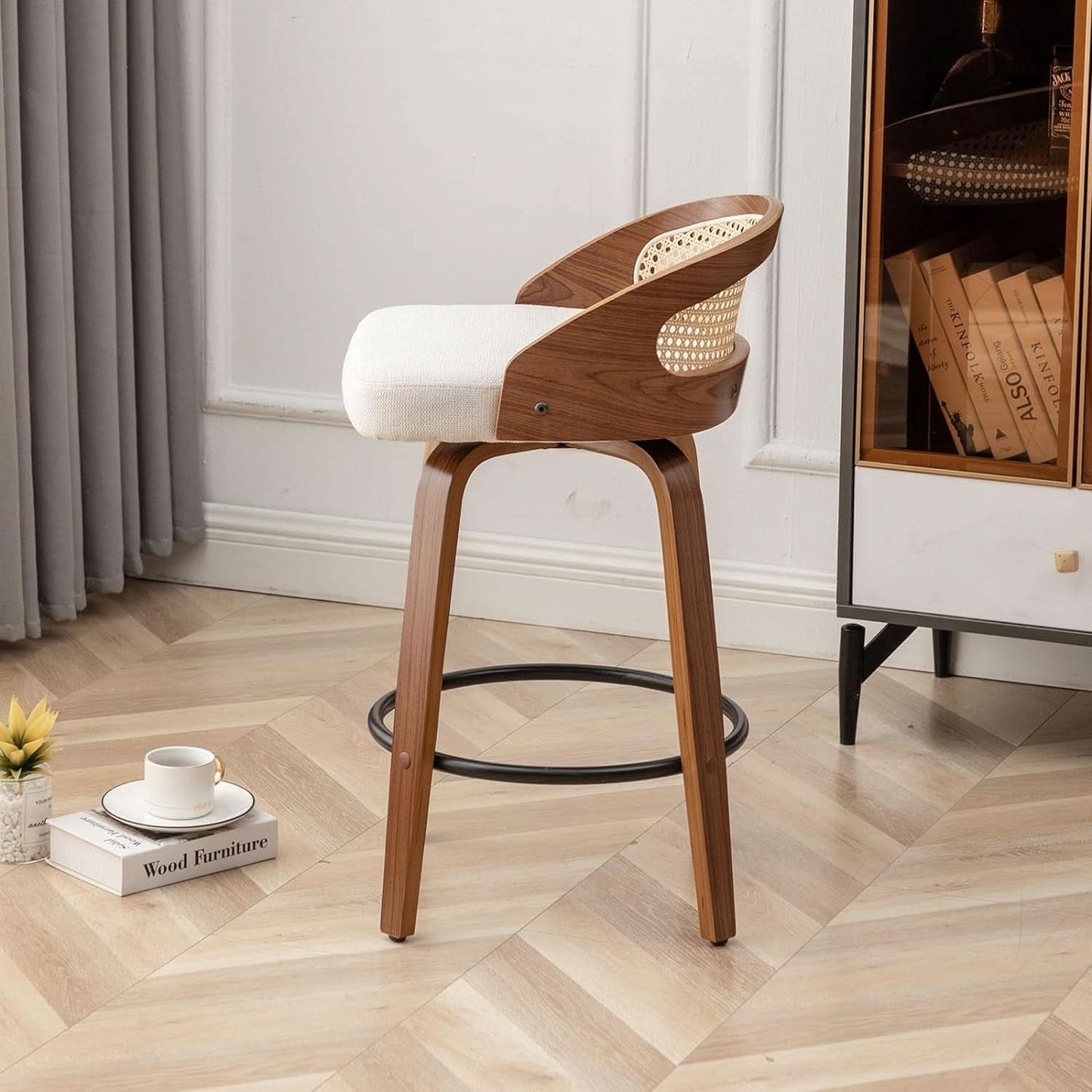 Mid-Century Modern Swivel Rattan Bar Stools Set