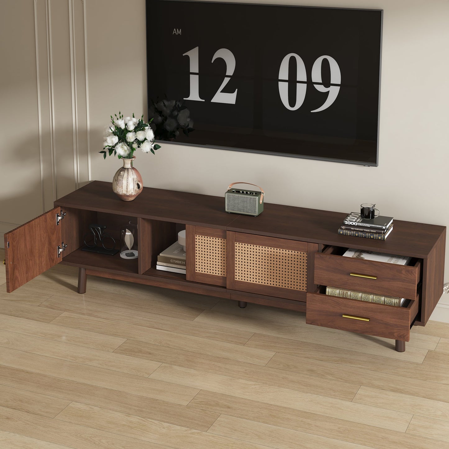 TV Stand Mid-Century Dark Brown Solid Wood Rattan Sliding Door Fits 80 In TV