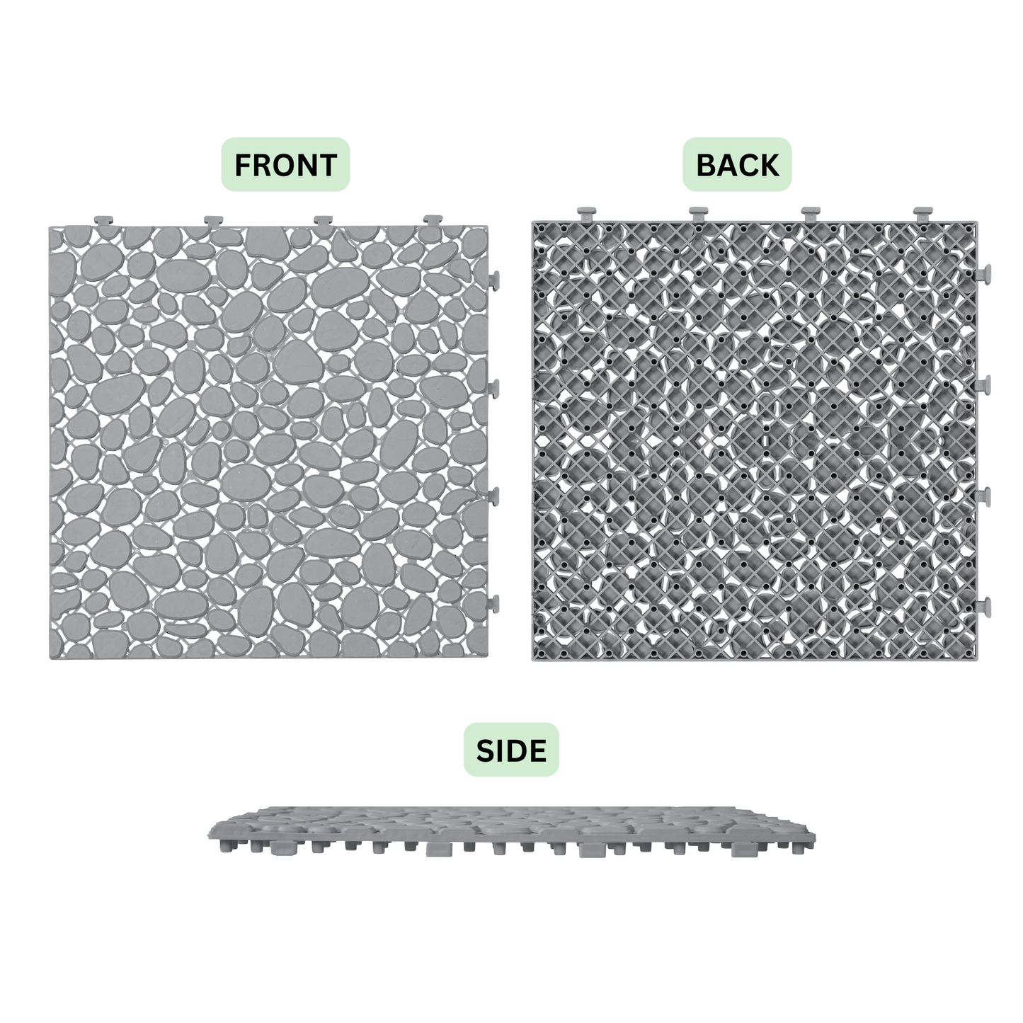 Pebble Stone Pattern 12x12 in. Gray Interlocking Deck Tiles Waterproof Plastic