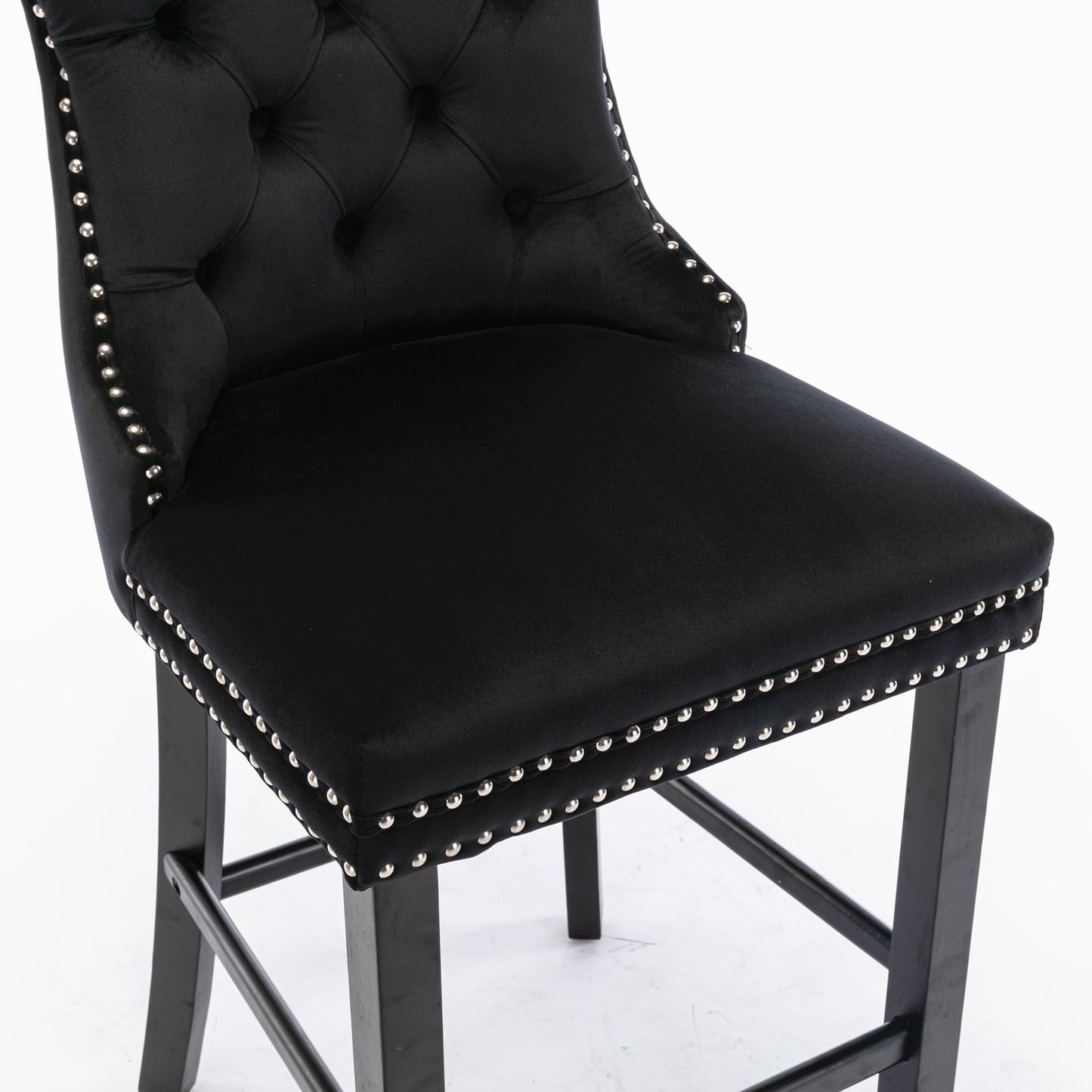 Contemporary Velvet Upholstered Barstools Button Tufted with Wood Legs, Set of 2, Black