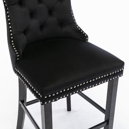 Contemporary Velvet Upholstered Barstools Button Tufted with Wood Legs, Set of 2, Black