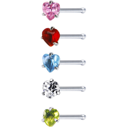 20G Stainless Steel Heart CZ Nose Bone Pack Set