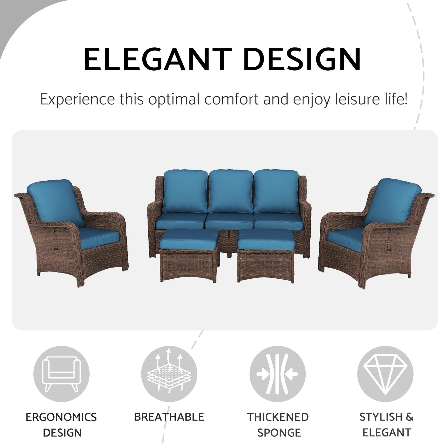 5 Piece PE Rattan Outdoor Conversation Set Brown Peacock Blue
