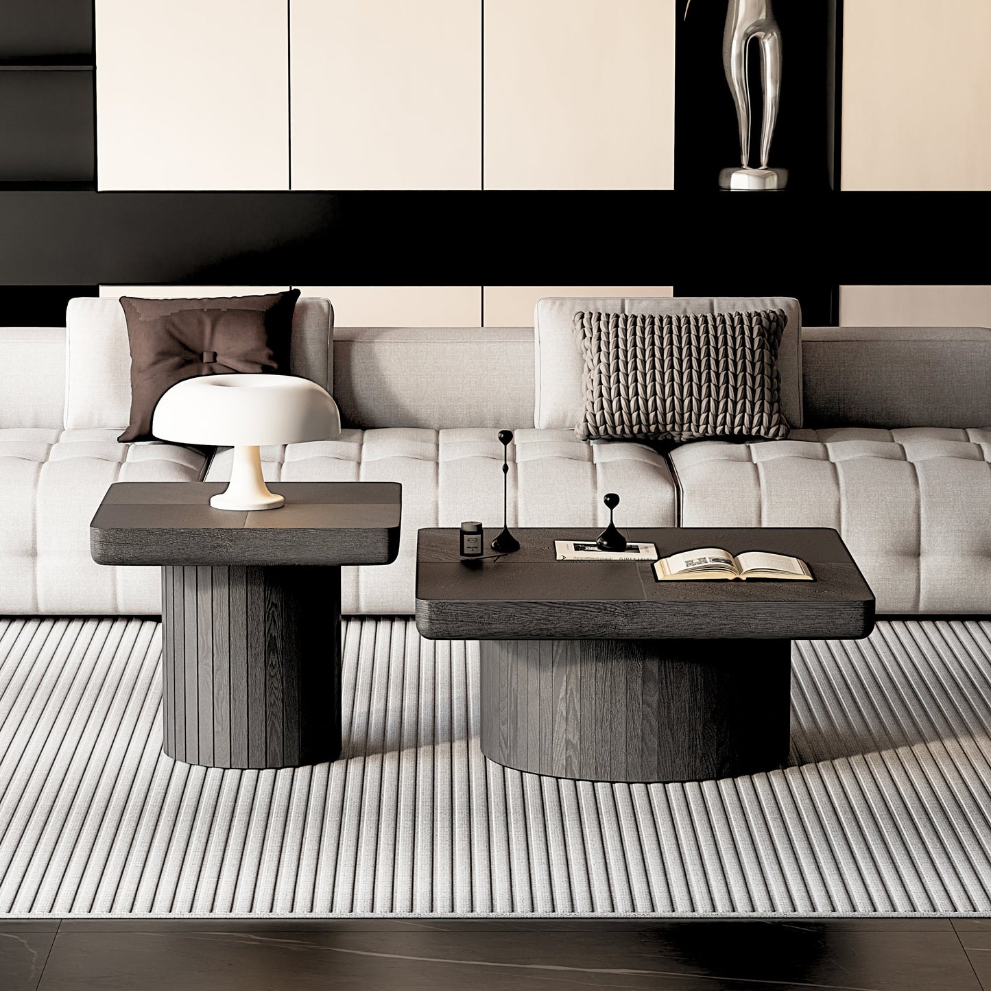 2-Piece Wood Nesting Coffee Tables, Fluted Pedestal, Living Room, Black