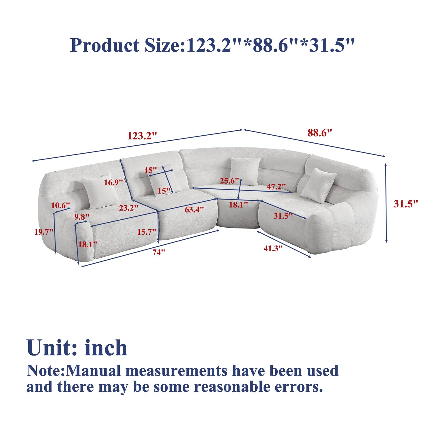 Sectional Sofa Curved Modular Chenille Beige 4 Seat 900 LB No Assembly