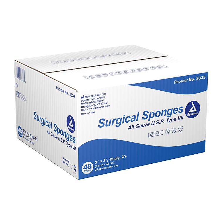Dynarex Surgical Gauze Sponge - Sterile 2's, 3" x 3" 12 Ply - 25ea/bx, 48bxs/cs (1200 Count)