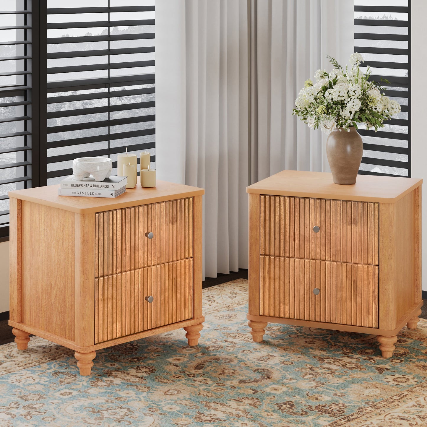 Mid Century Fluted Nightstand with 3 Drawers, 21.65 in Wide, Natural, 2-Piece