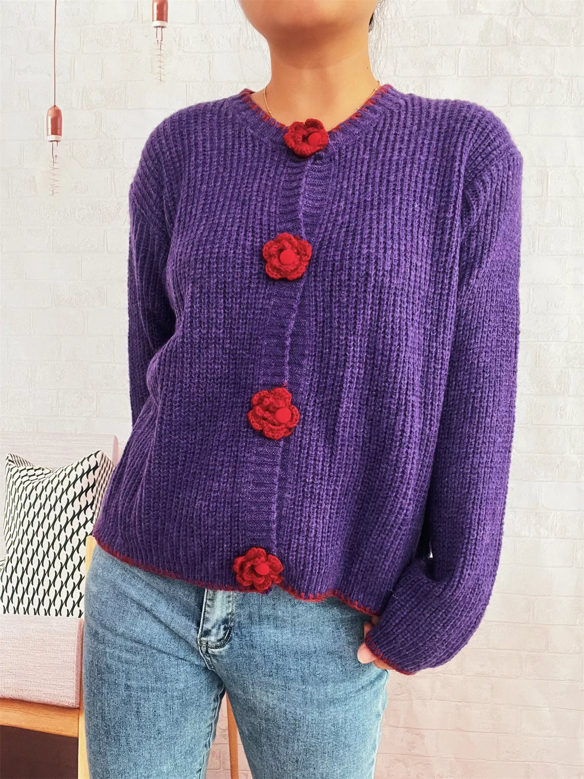 Flower Button Long Sleeve Cardigan