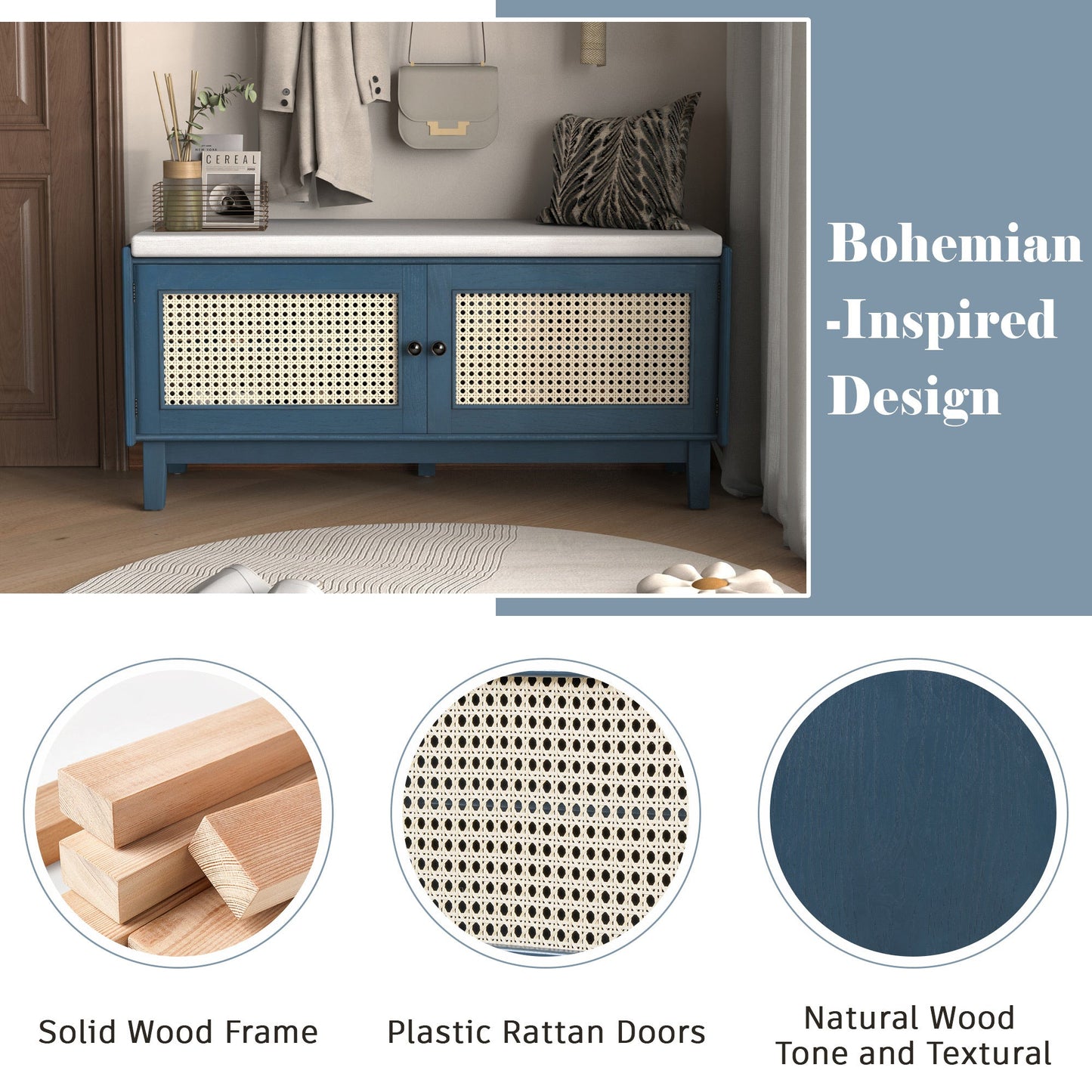 Boho Rattan Entryway Bench with Storage, Cushioned Shoe Bench with Double