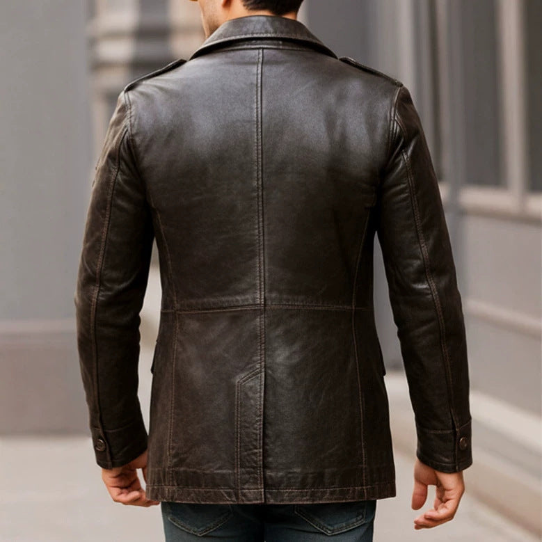 Mens Lapel-collar Double-breasted Slim-fit Leather Jacket
