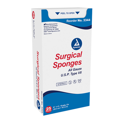 Dynarex Surgical Gauze Sponge - Sterile 2's, 8" x 4" 12 Ply, 25ea/bx, 20bxs/cs (500 Count)