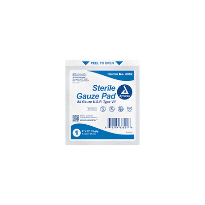 Dynarex Gauze Pad - Sterile 1's, 2" x 2" 12 Ply, 100ea/bx, 24bxs/cs (2400 Count)
