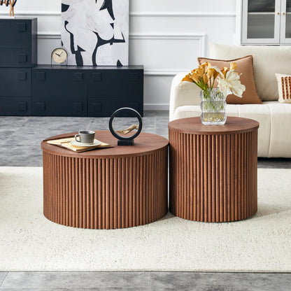 2-Piece Nesting Coffee Table Set, Roman Column MDF Round, Built-in Storage