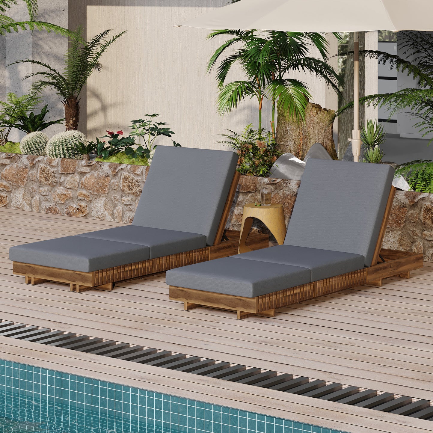 Outdoor Chaise Lounge Acacia Wood Dark Gray 6 Position Adjustable