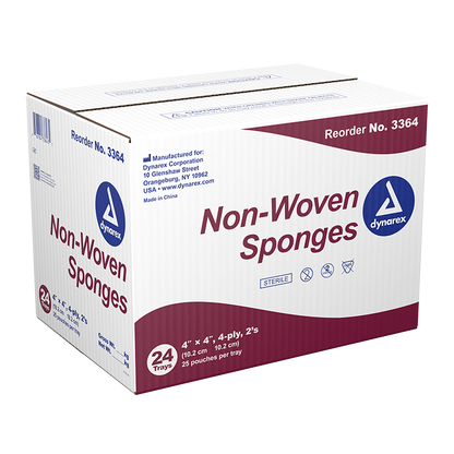 Dynarex Non-Woven Sponge - Sterile 2's, 4" x 4" 4 Ply, 25ea/bx, 24bxs/cs (600 Count)