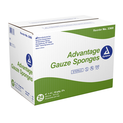 Dynarex Gauze Sponge - Sterile 2's, 4" x 4" 12 Ply, 25ea/bx, 24bxs/cs (600 Count)