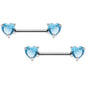 Aqua Cubic Zirconia Heart Front Gem Nipple Barbell Set