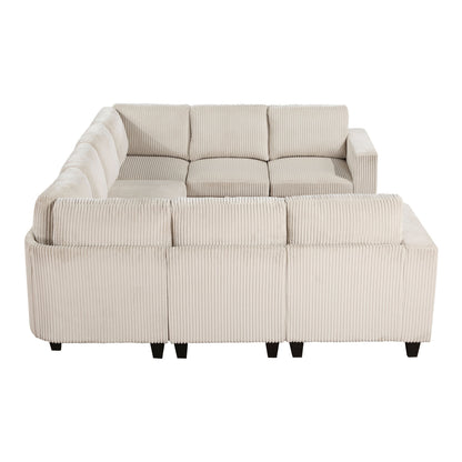 Sectional Sofa Modular Corduroy Beige 8-Seat Storage USB 163in
