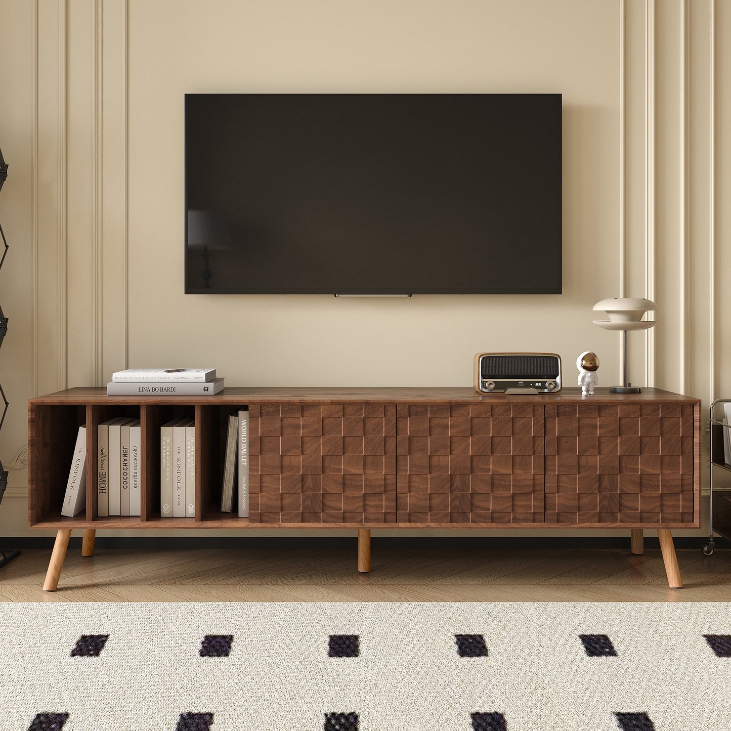 Mid-Century Walnut TV Stand 80" Push-Pop Doors MDF Wood