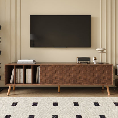 Mid-Century Walnut TV Stand 80" Push-Pop Doors MDF Wood