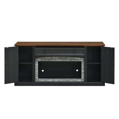TV Stand Modern Walnut Top Gray Brick MDF Sliding Door Fits 70 In TV 66.9 In