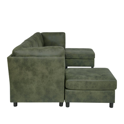 Sectional Sofa Modular Faux Leather Olive 6 Seat 124 In