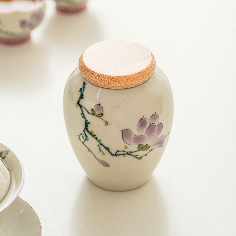 Chinese Hand-painted Ceramic Food Storage Jar Sealed Storage Portable Moisture-proof Bamboo Cover