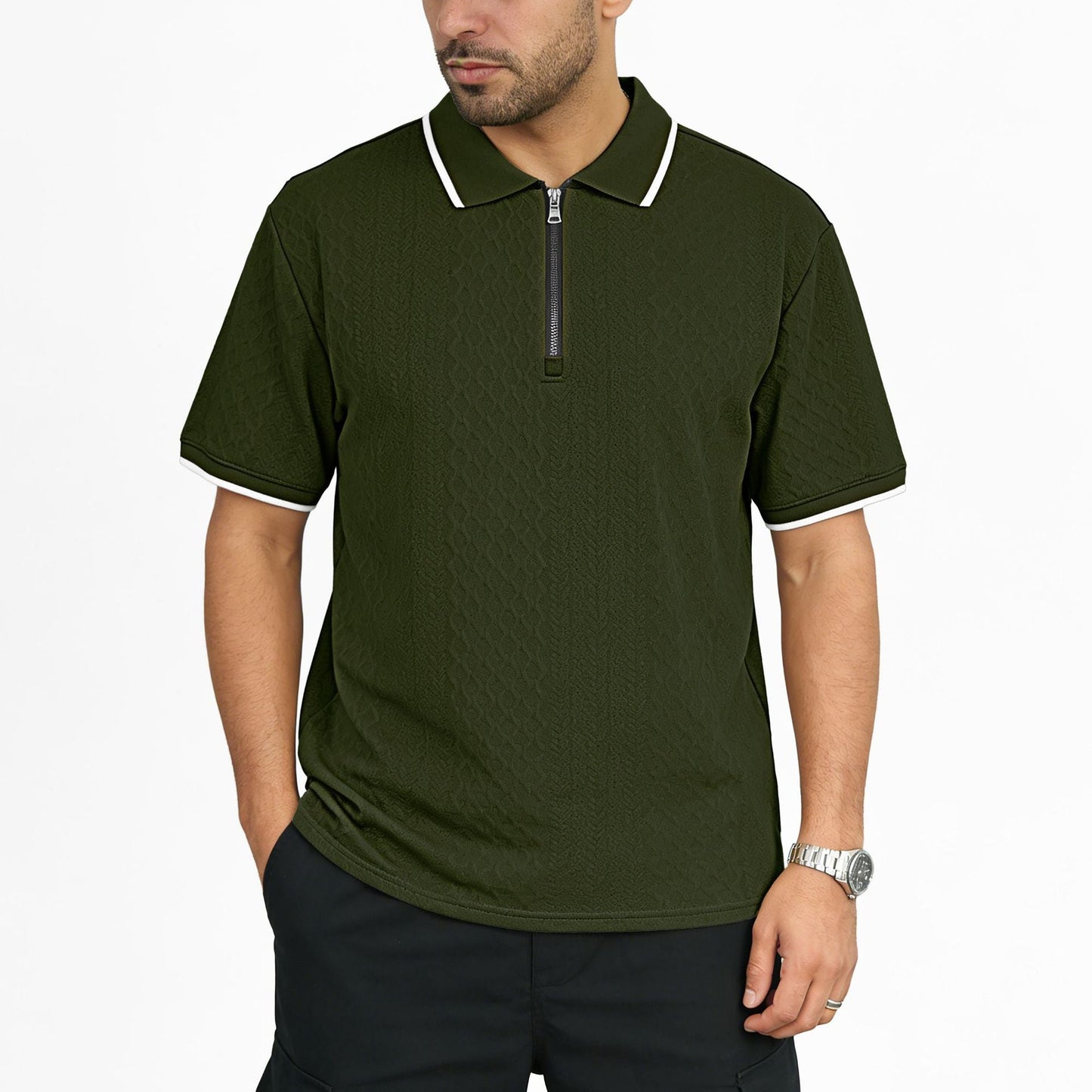 Mens Jacquard Loose-Fit Short-Sleeve Zip-Up Polo Shirt