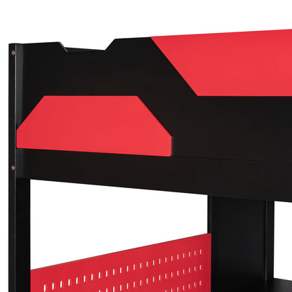 Full Size Wood Loft Bed with Desk, Multi-storage Shelves,USB and RGB Light, Red