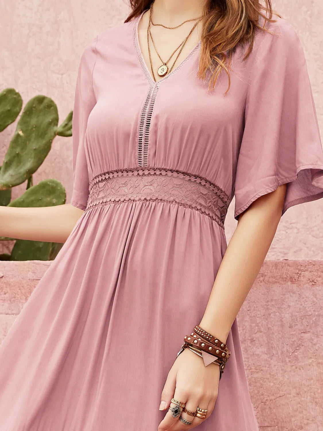 Lace Detail V-Neck Short Sleeve Dress