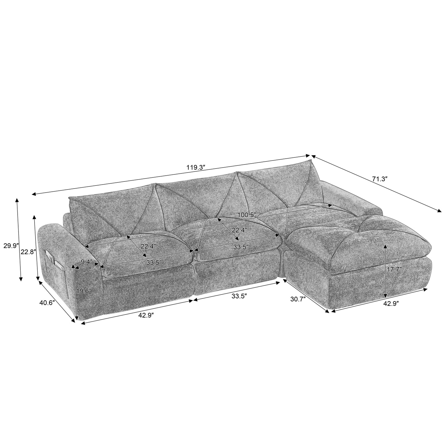 Sofa Modern Chenille Dark Gray 4 Seat Built-In Footrest 119 In