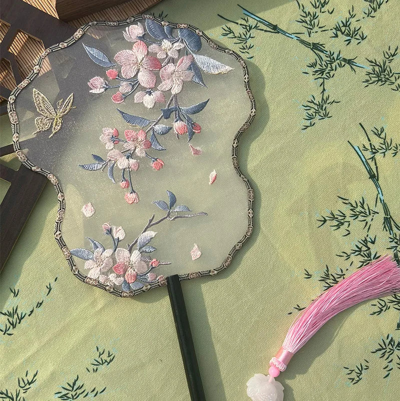 Ancient Style Fan Chinese Style Hanfu Dance Shooting Long Handled Embroidered Classical Double Sided Fan Female Decorative Fan