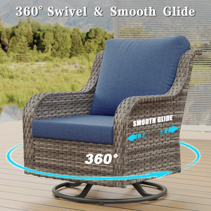 Outdoor Patio Set PE Rattan Swivel Chairs Gray Blue Footstools