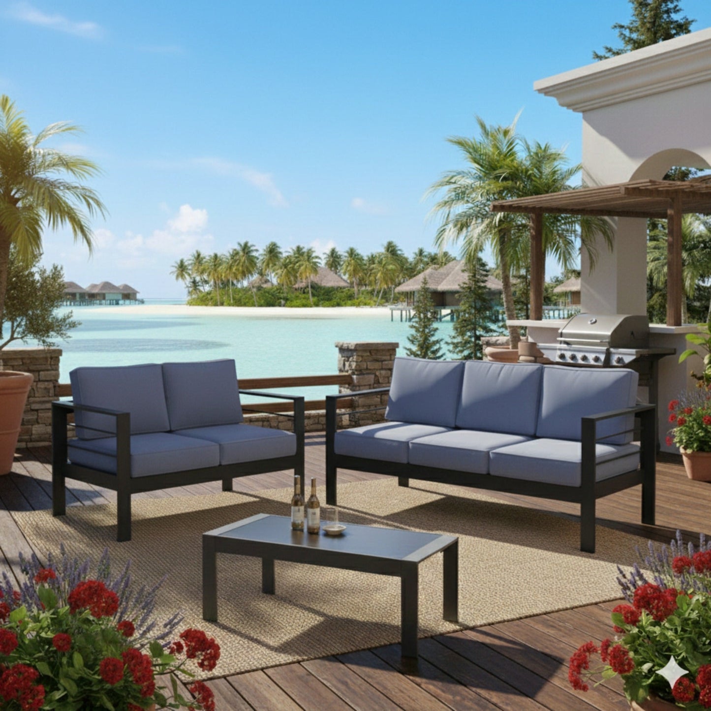 Outdoor Patio Set 3 Piece Aluminum Sofa Loveseat Black Blue