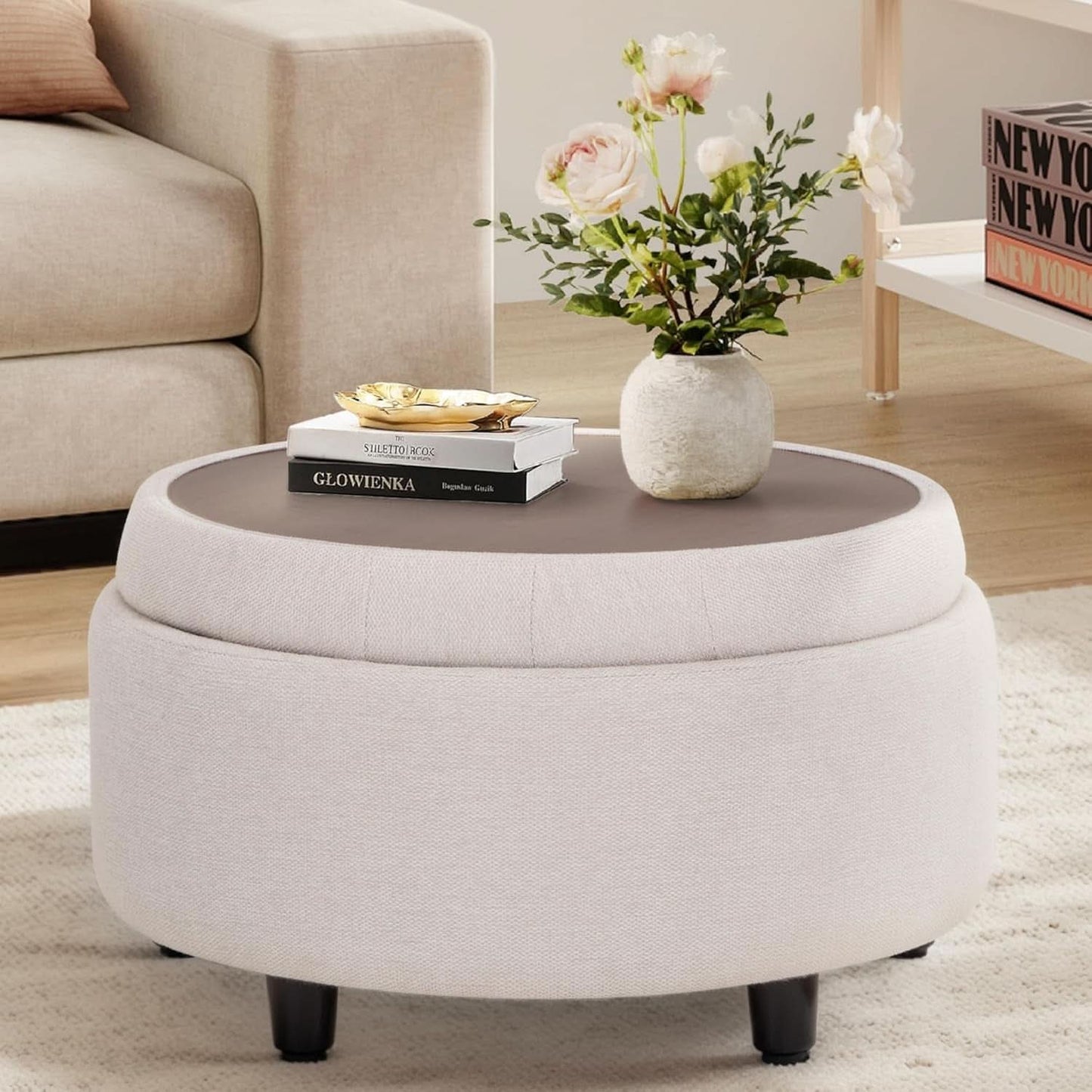 Beige Polyester Circular Storage Ottoman With Tray