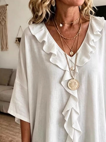 Full Size Ruffle V-Neck 3/4 Sleeve Blouse Plus Size
