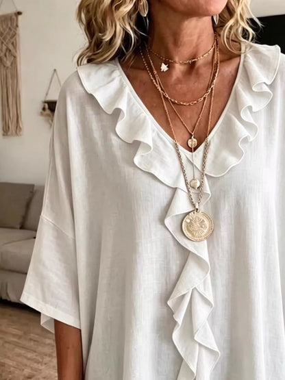 Full Size Ruffle V-Neck 3/4 Sleeve Blouse Plus Size